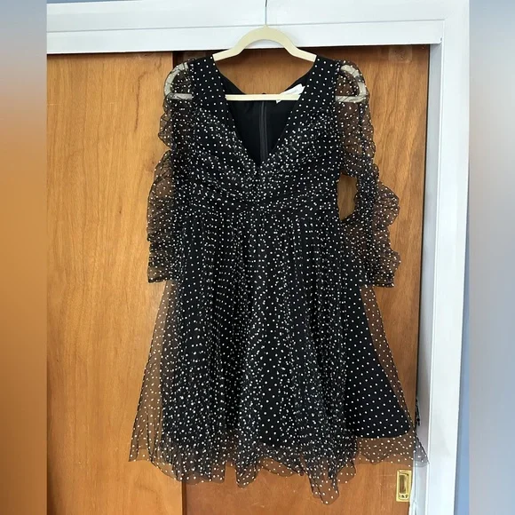 Women's Black Ruched Flocked Polka-dot Tulle Mini Dress - Picture 6 of 8